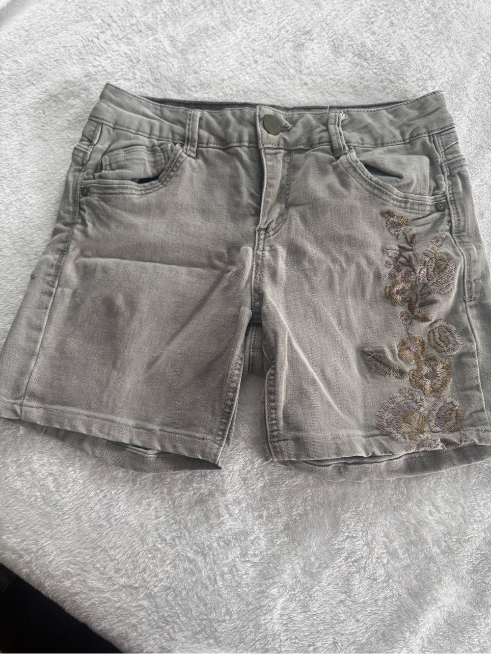 Democracy Grey Denim Shorts with Floral Embroidery